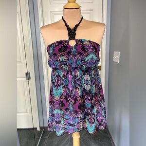 Women's Babydoll Boho Fairy Grunge Y2K Top Abstract Print Beaded Size Large